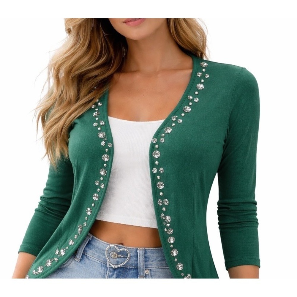 Y2K Emerald Rhinestone Fitted Cardigan Womens S Forest Fairy Coquette Layer